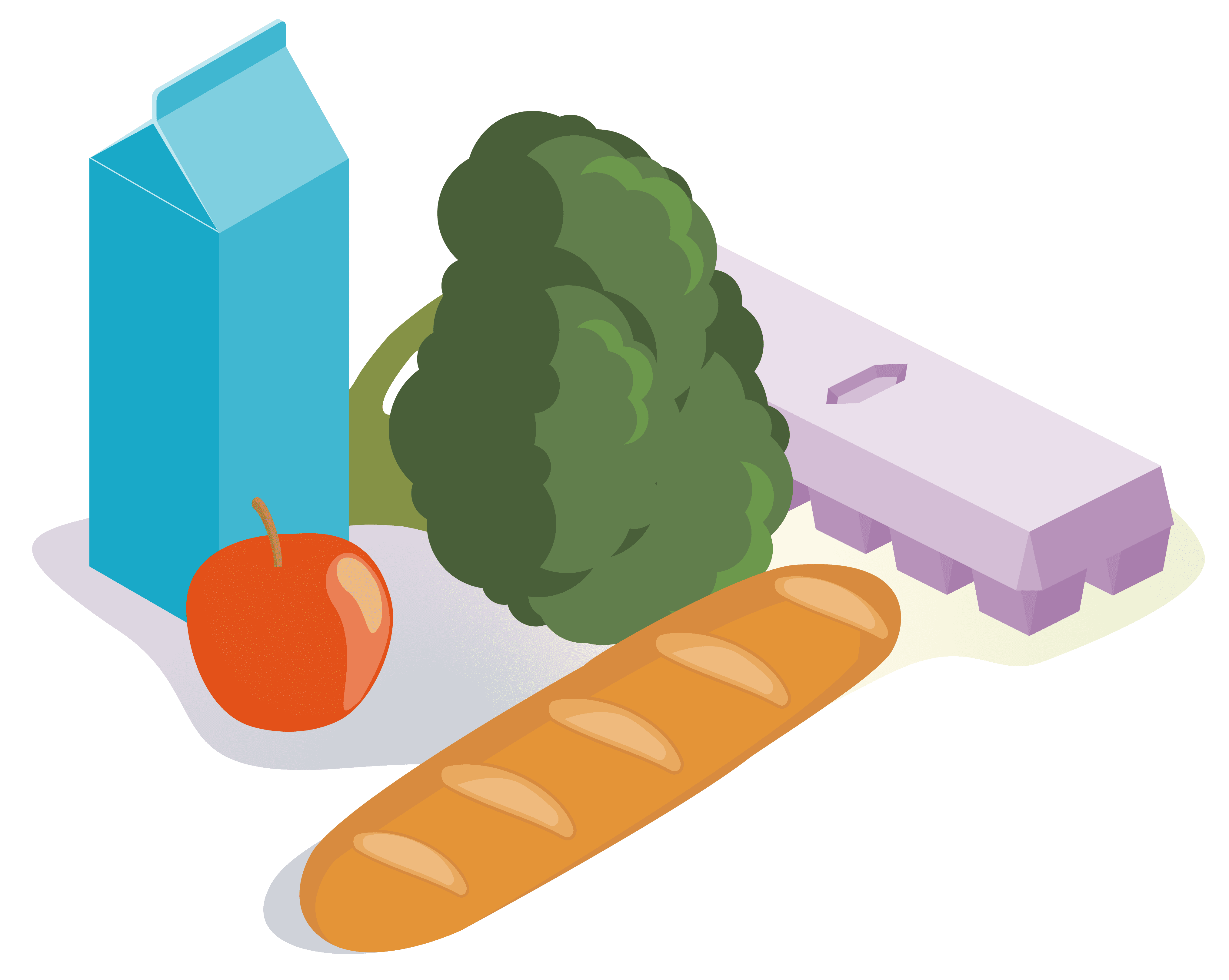 milk, broccoli, eggs, bread and a single apple