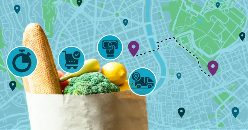Q-Commerce Map with groceries and icons for 15 mins delivery