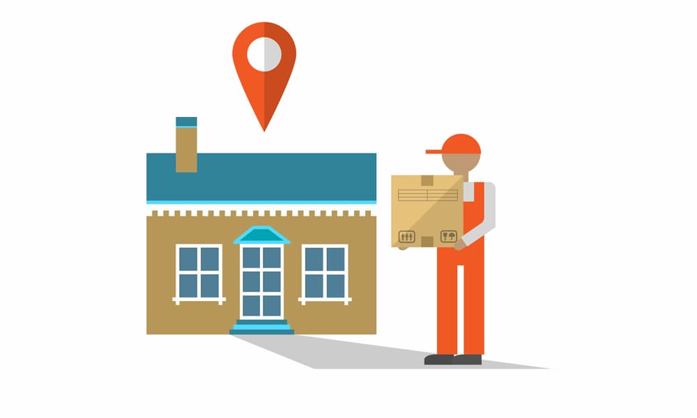 An illustration of a deliveryman bringing a package to a home.