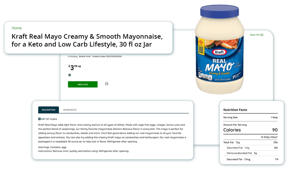 Image of a product description page with Kraft mayonnaise