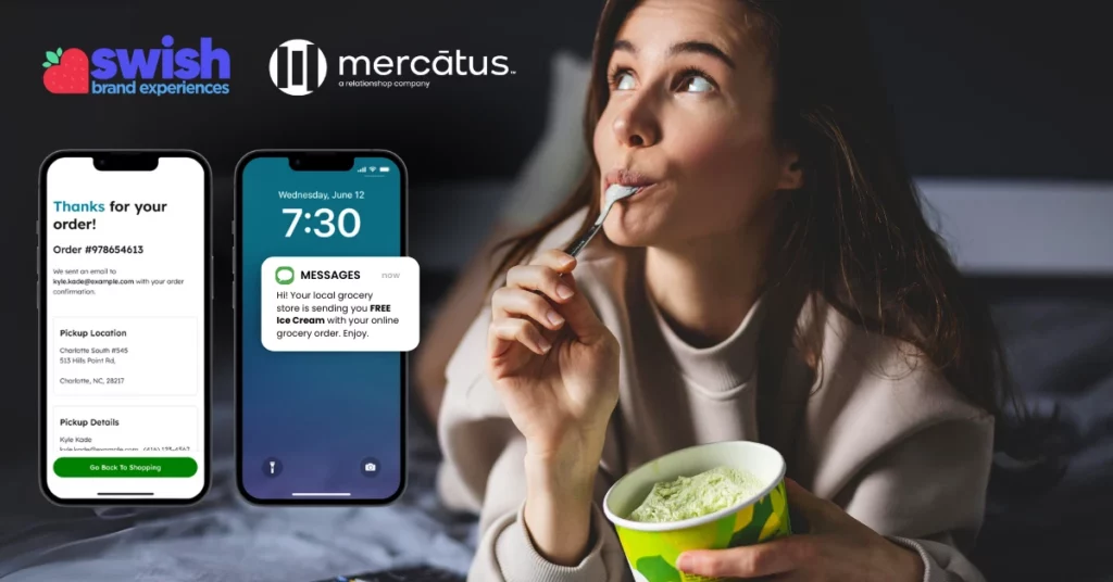 Sponsored Product sampling image with order confirmation screen, screen showing text message and woman enjoying her ice cream sample